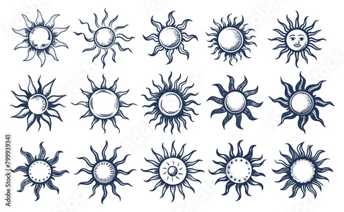 Doodle suns icons, hand drawn sun with rays sketch sunshine sunbeam sunlight solar weather vintage drawing on map old tattoo set isolated vector illustration