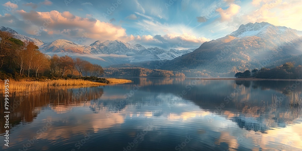 Golden hour on a calm mountain lake with perfect reflection