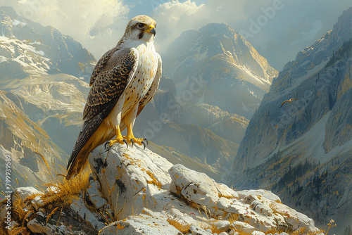 A majestic falcon perched on a rocky outcrop, its sharp eyes scanning the horizon for signs of movement.