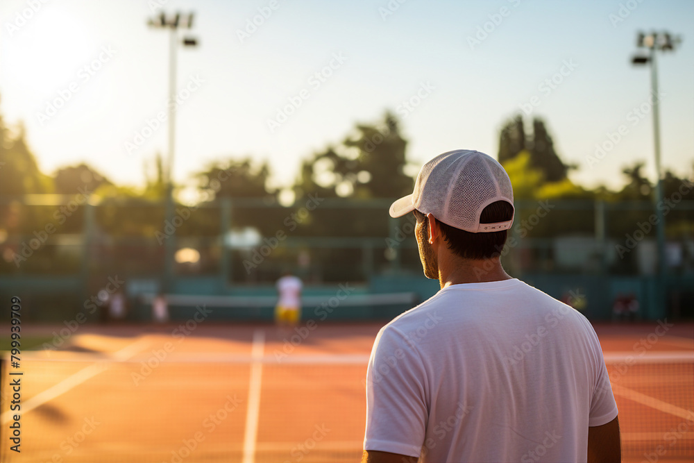 Generative AI illustration of focused tennis player on court ready for important championship league match Generative AI illustration of focused tennis player on court ready for important championship league match