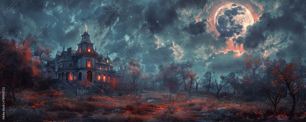 Fototapeta premium Spooky Haunted House with a Full Moon Sky. Eerie Halloween Background with a Derelict Mansion.