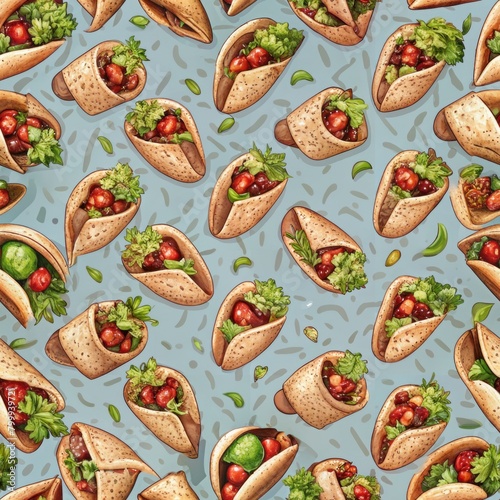 Seamless pattern of zesty burritos stuffed with rice, beans, and flavorful meats, Generative AI