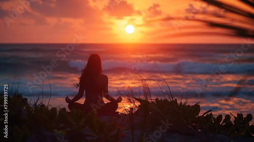 A serene sunset scene by the beach, with the silhouette of someone practicing yoga and embracing a smoke-free life. © 2D_Jungle