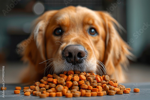A majestic golden retriever eagerly devouring a heaping mound of savory beef kibble.