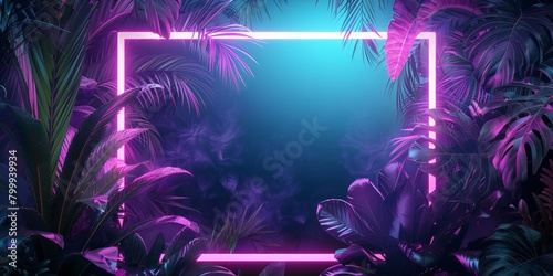 Tropical Plants Illuminated with Green and Purple Fluorescent Light. Exotic Environment with Square shaped Neon Frame.