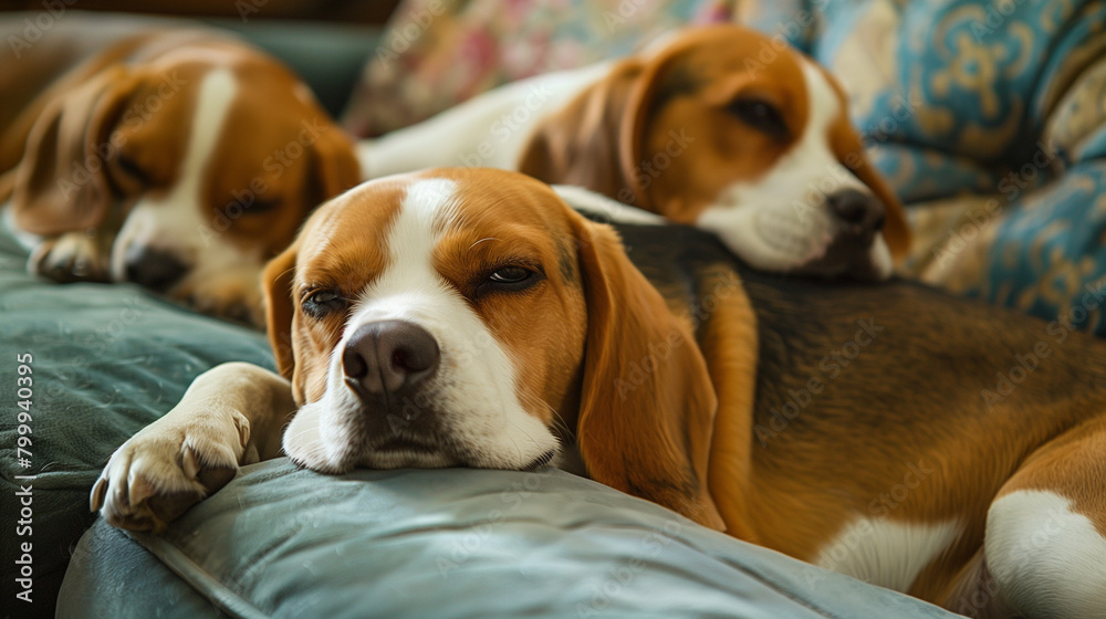 Three beagle dogs resting together on a couch.