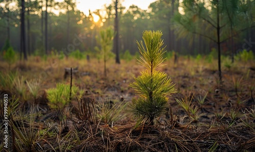 A seedling longleaf pine grows in a clearing among a managed longleaf pine forest in Francis Marion National Forest, South Carolina