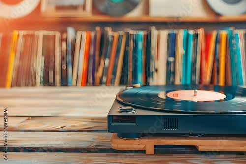 Vintage vinyl record store with colorful album covers and listening station. Concept Vintage Vinyl Records, Colorful Album Covers, Listening Station, Nostalgic Atmosphere photo