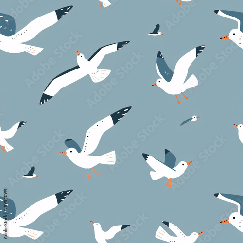 seamless pattern of Seagull on a striking blue background