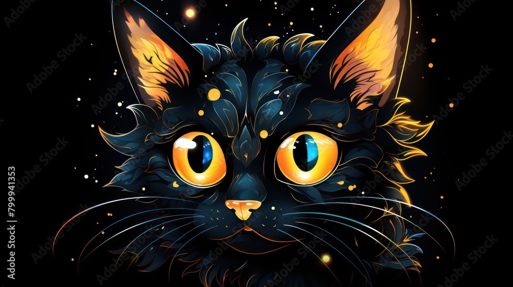 Mystical Cat with Glowing Eyes in Starry Night