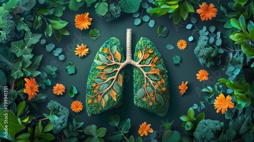 A vibrant illustration of lungs surrounded by greenery and fresh air, representing the health benefits of quitting smoking. photo