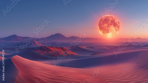 Majestic crimson moon rising over a serene desert landscape.