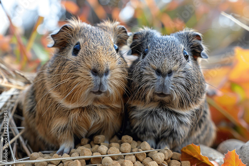 A pair of affectionate guinea pigs sharing a mound of fresh hay and crunchy vegetable pellets.