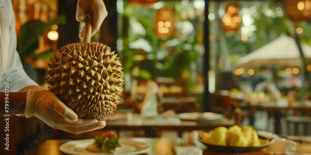 Obraz premium Chef presenting a durian in a restaurant setting, suitable for culinary and gourmet topics