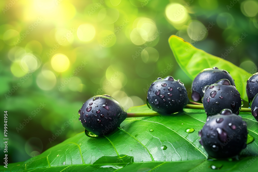 Fresh dew-covered jaboticaba on a leaf, ideal for articles about exotic fruits and healthy diets Fresh dew-covered jaboticaba on a leaf, ideal for articles about exotic fruits and healthy diets