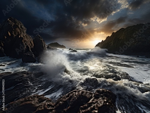Dramatic Seascape with Crashing Waves and Sunset