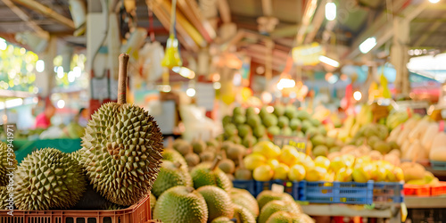 Durian display in a vibrant market, suitable for travel and culinary exploration themes