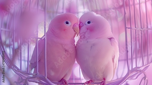 3D graphic of a pair of lovebirds in a pastel lavender cage, perfect for romantic petthemed artworks , no grunge photo