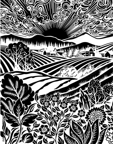 Rolling hills, fields and farm or vineyards background illustration. Wild flowers, plants in foreground. Forests, mountains in background. In intage retro woodcut or lino print or linoleum cut style