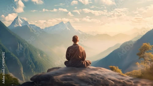 blissful individual meditating on a serene mountaintop, surrounded by nature's beauty photo