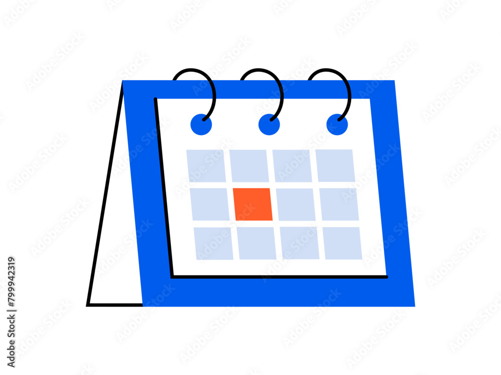 Hand drawn cute illustration of calendar with highlighted date. Flat vector timetable or schedule page in colored doodle style. Planning or time management icon. Event deadline. Isolated on white.
