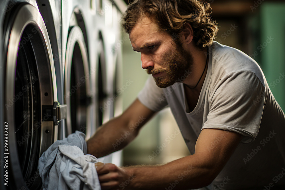 Young man doing laundry household chores generated with AI technology Young man doing laundry household chores generated with AI technology