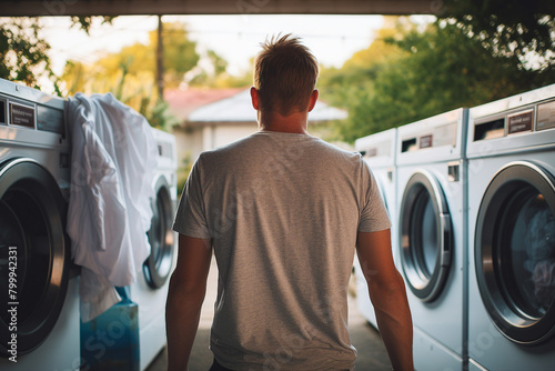 Young man doing laundry household chores generated with AI technology