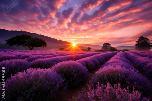 Breathtaking sunset over lavender field