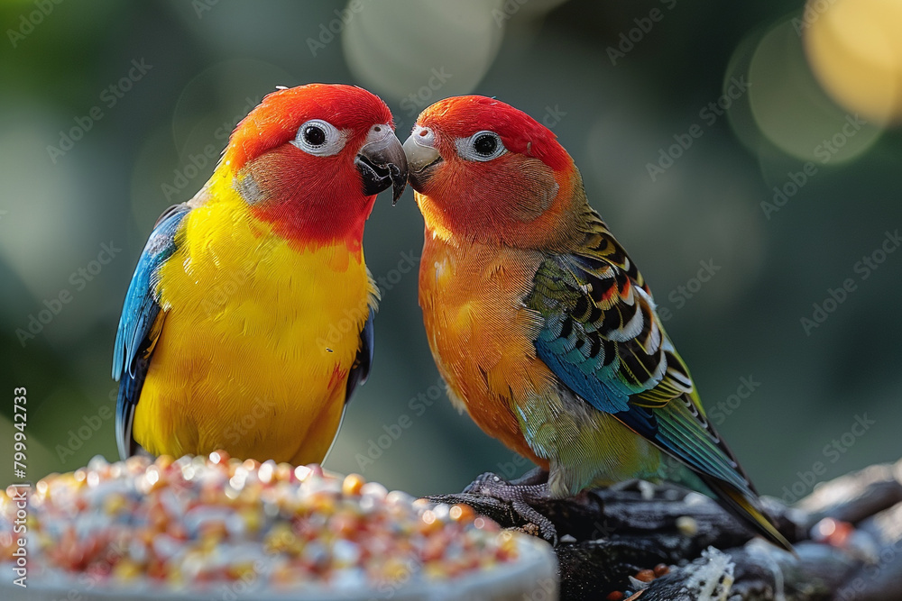 A pair of colorful lovebirds grooming each other after sharing a dish of vitamin-enriched bird seed.