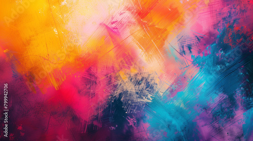Vibrant abstract painting with bold brush strokes and a mix of orange, pink, and blue hues. © Natalia