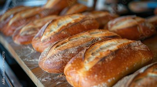 Freshly baked bread in the bakery shop. Selective focus.