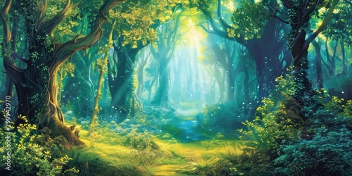 Enchanting Fantasy Forest Background with Graceful Fairies and Ancient Trees 