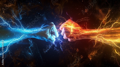 Striking digital artwork showcasing two fists colliding with dynamic blue and orange energy sparks.