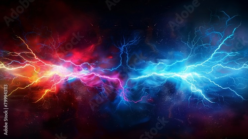 Abstract digital art of a dynamic clash between red and blue electric currents against a cosmic background. photo
