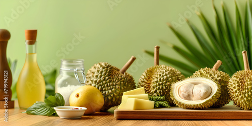 Exotic durian setup with natural ingredients on a green background, excellent for healthy lifestyle and natural food discussions
