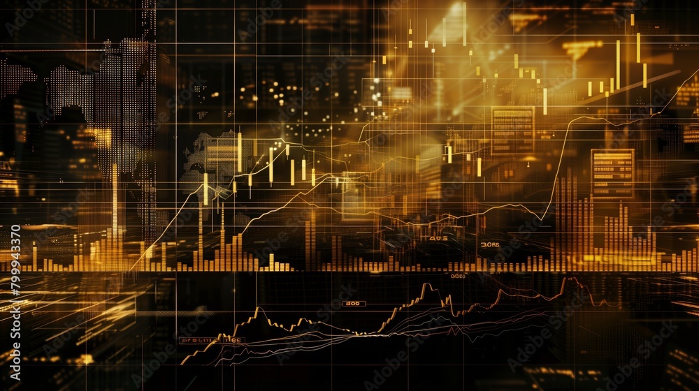 A dynamic composition of financial stock market figures and data overlaying on a cityscape backdrop in gold and black tones.