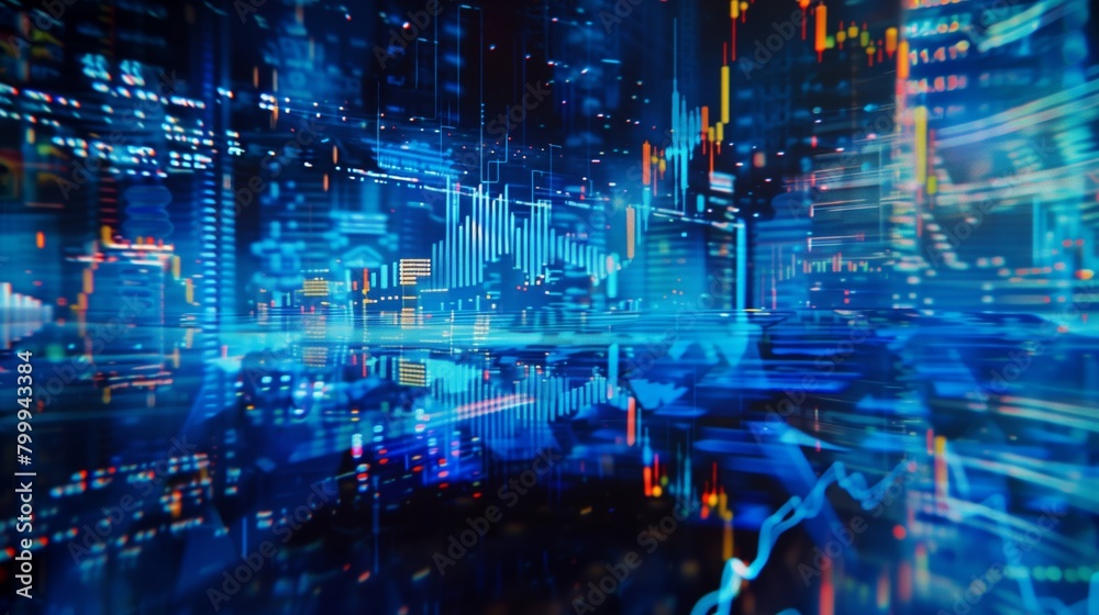 Dynamic image showing a digital landscape filled with glowing stock market graphs and data.