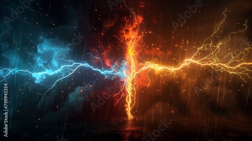 Dynamic digital artwork of blue and red electrical lightning bolts against a dark  stormy background.