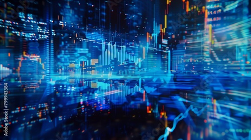 Dynamic image showing a digital landscape filled with glowing stock market graphs and data. photo