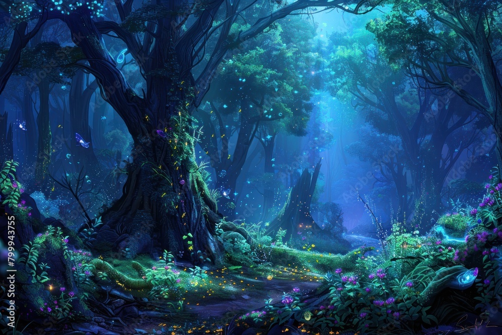 Enchanting fantasy forest background with graceful fairies and ancient trees
