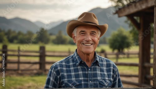 elder guy smiling looking at camera portrait with outdoor ranch farm background from Generative AI
