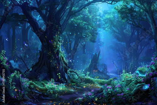 Enchanting fantasy forest background with graceful fairies and ancient trees 