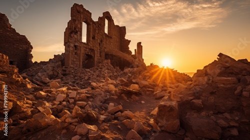 Dramatic Sunset Over Ruined Ancient Fortress