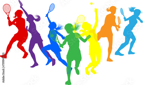 Silhouette tennis women female players set. Active sports people healthy players fitness silhouettes concept.