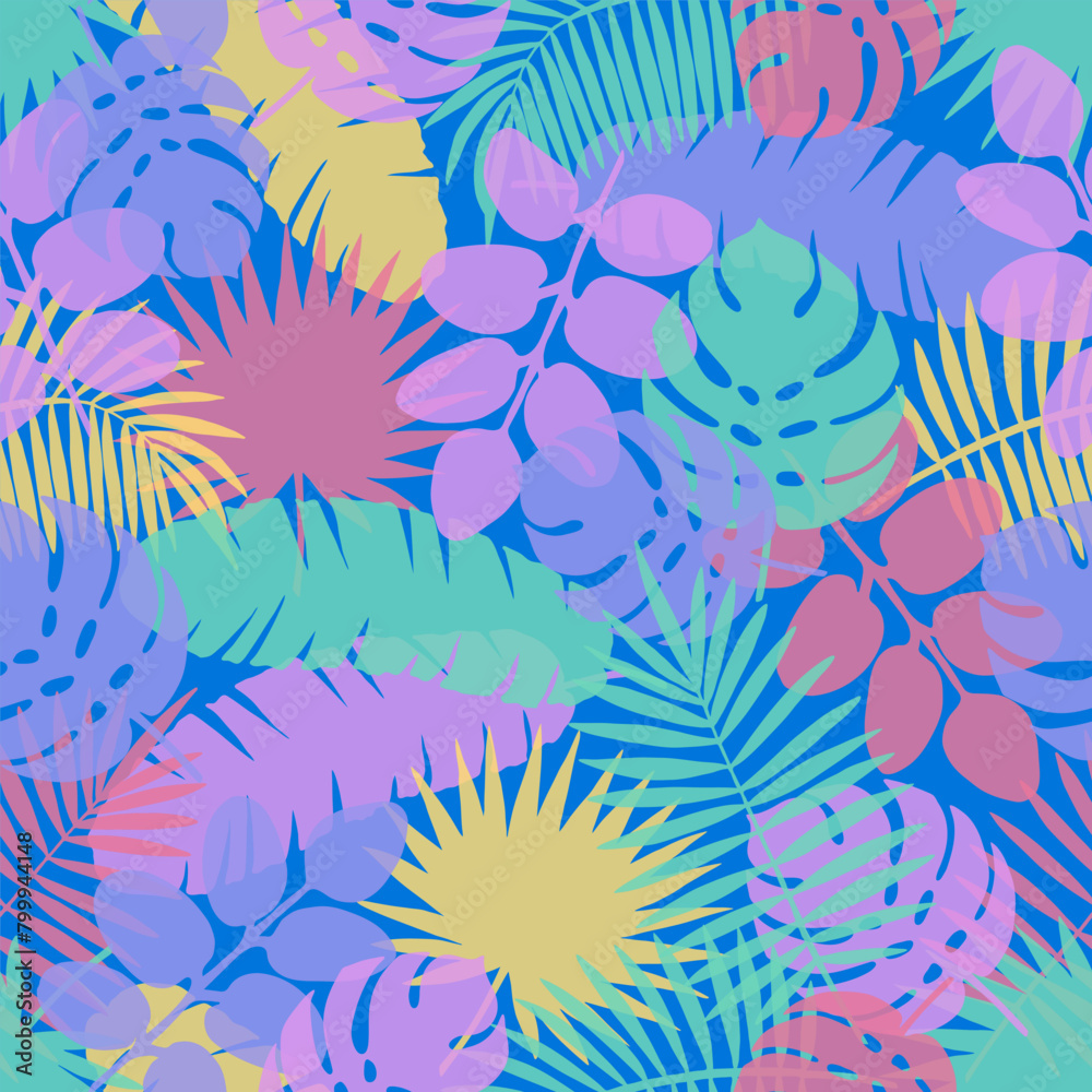 Seamless pattern with multicolor tropical leaves. Different palm and monstera leaves of purple, green and yellow colors on blue background. Colorful vector print for summer and beach fabric design. Seamless pattern with multicolor tropical leaves. Different palm and monstera leaves of purple, green and yellow colors on blue background. Colorful vector print for summer and beach fabric design.