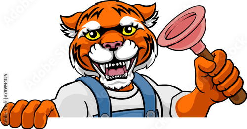 A tiger plumber cartoon mascot holding a toilet or sink plunger peeking round a sign photo