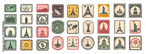 Vintage stamps grunge icons, travel postage stamp with sights of countries for mail postcard departure stickers, antique mark journey attractions in frames set vector illustration