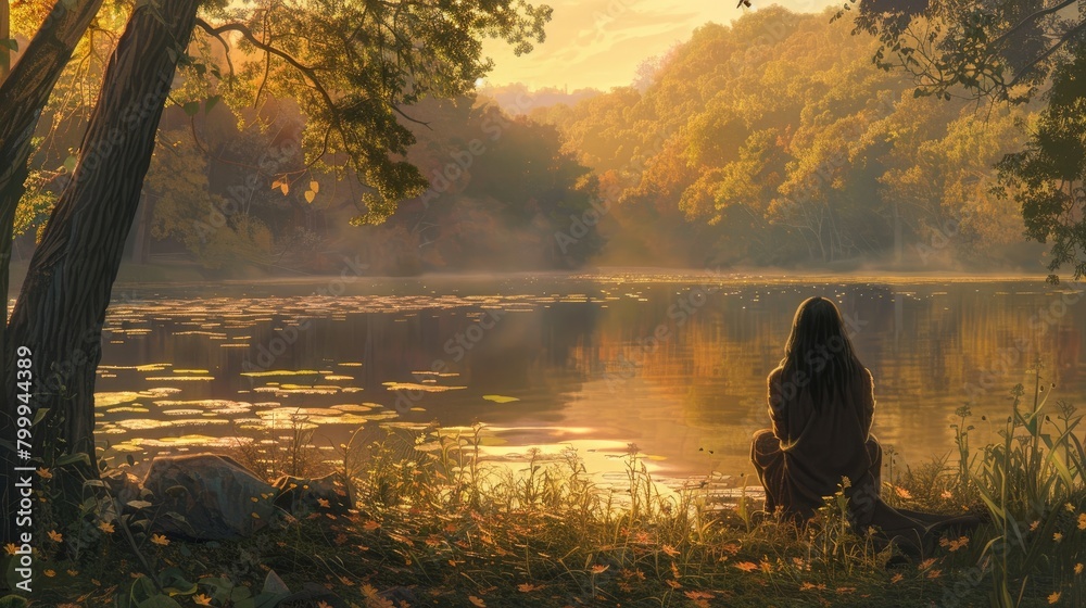 Detail the sense of serenity and tranquility she experiences as she takes a moment to pause and admire a scenic vista or tranquil lake. Detail the sense of serenity and tranquility she experiences as she takes a moment to pause and admire a scenic vista or tranquil lake.
