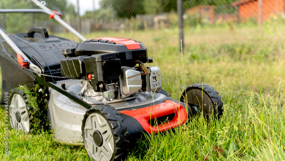 Obraz premium A girl with a lawnmower mows the lawn in the garden