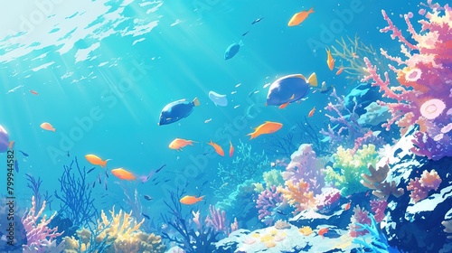 Underwater landscape with many small coral and underwater plant ,Generative ai,
